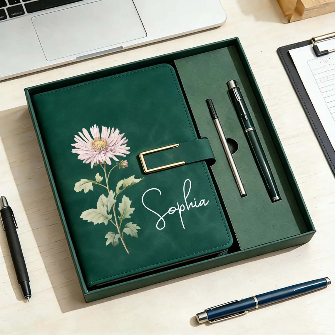 Custom Name Personalized Birth Flower Notebook & Pen Set, Birth Month Flower Journal TH10 170209