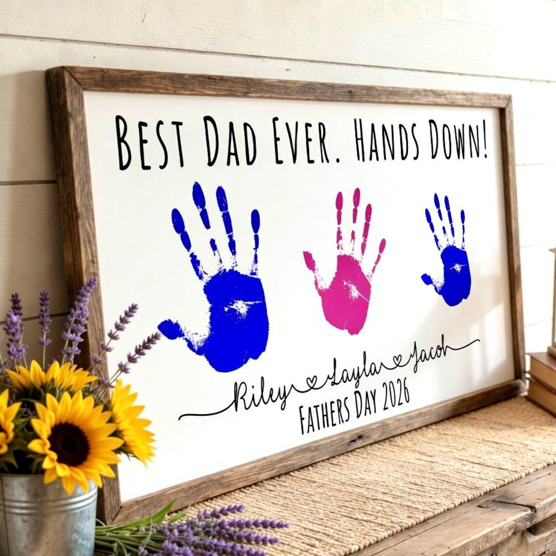 Handprint Sign, Personalized Gift from Kids, Best Dad Ever Hands Down Sign TH10 169911