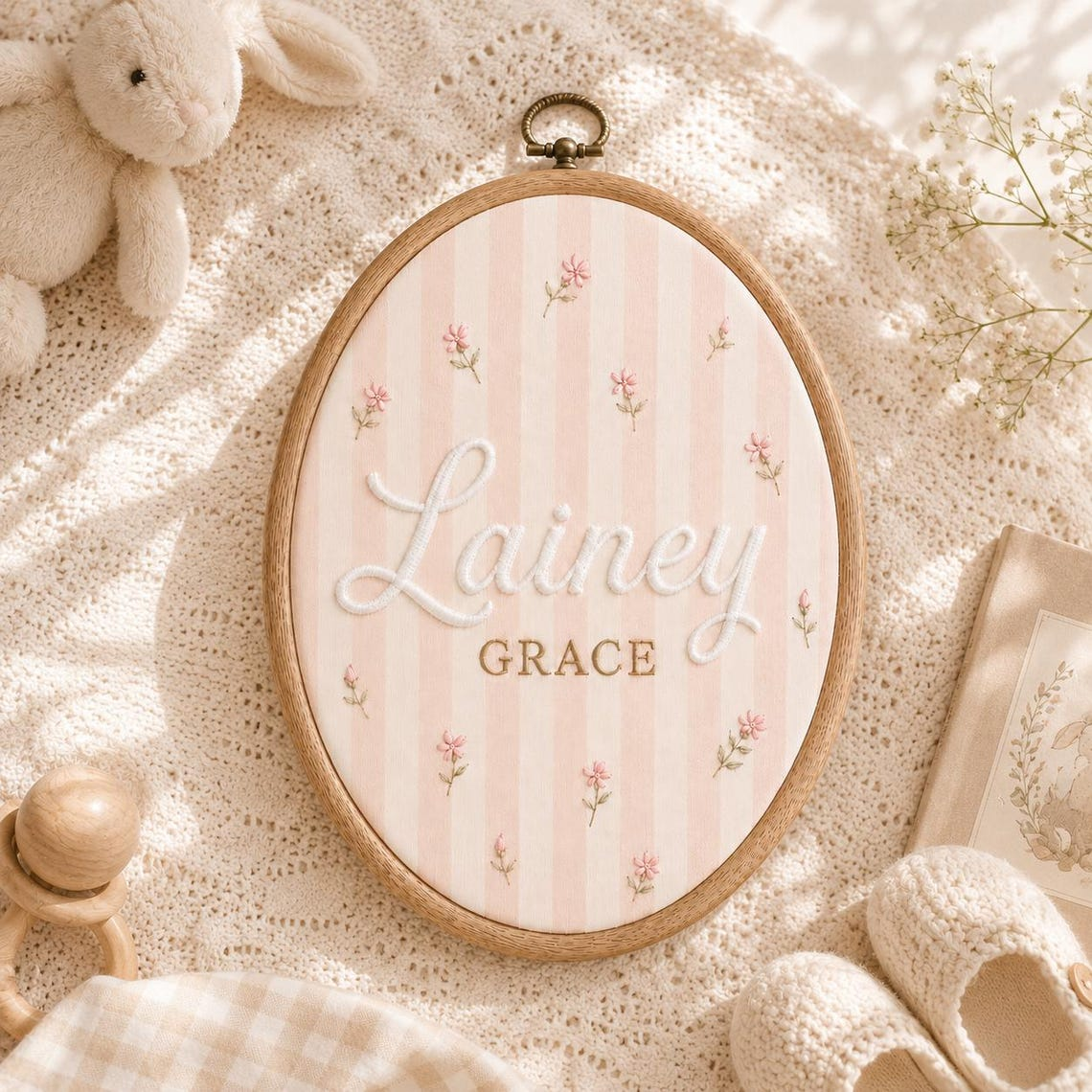 Personalized Pink Stripe Baby Name Hoop, Floral Embroidered Nursery Decor TH10 170435