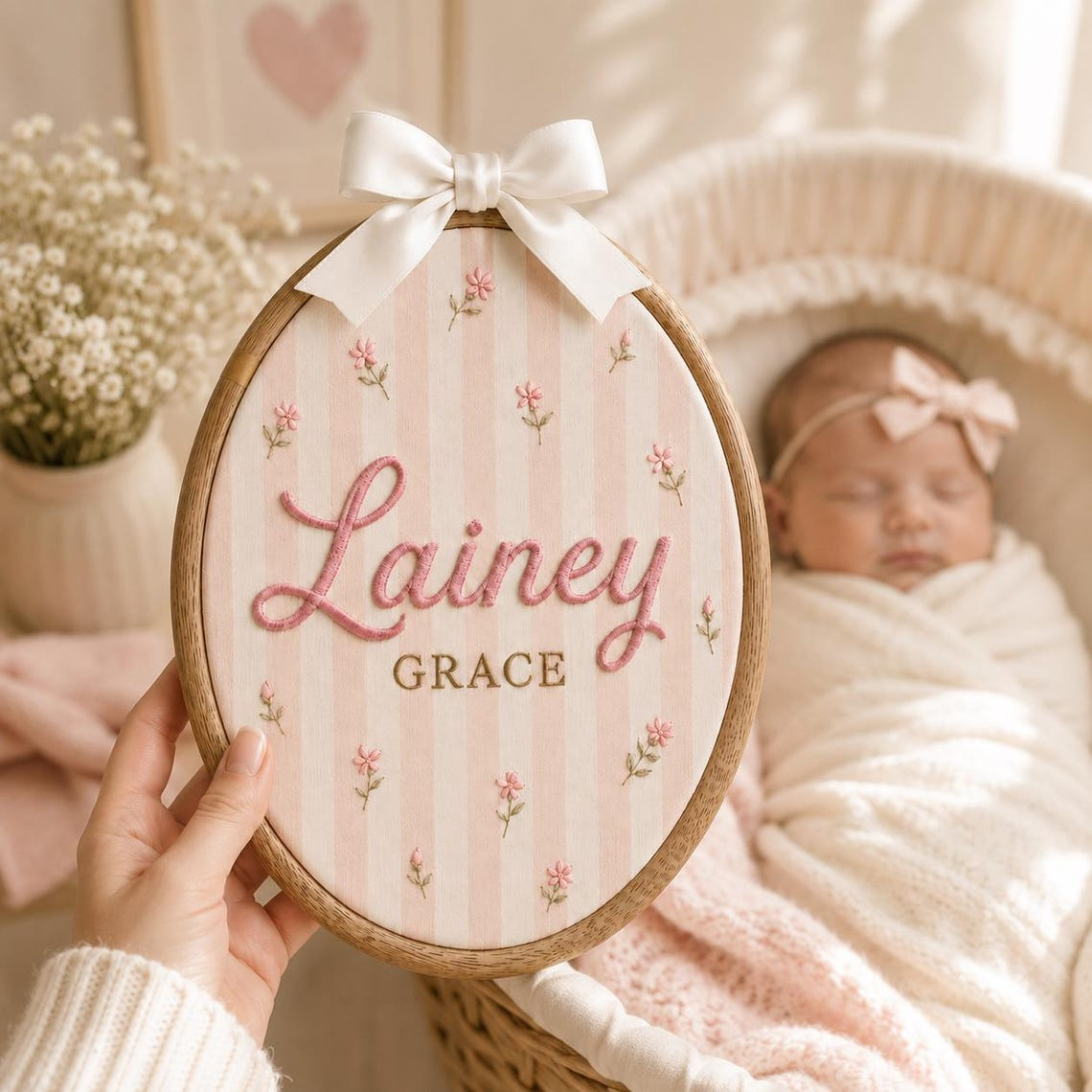 Personalized Pink Stripe Baby Name Hoop, Floral Embroidered Nursery Decor TH10 170435