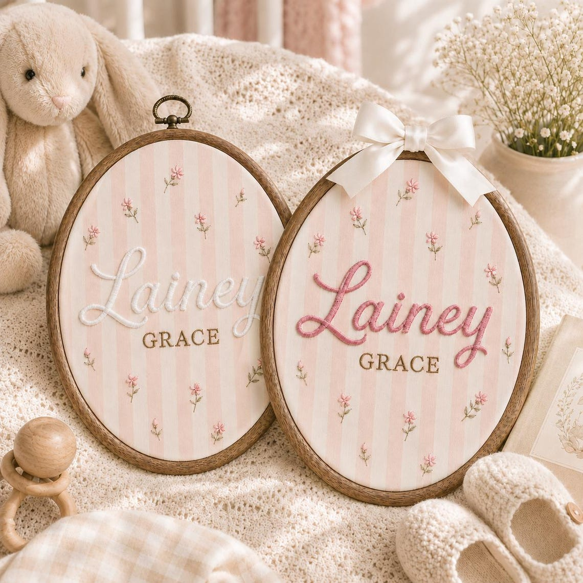 Personalized Pink Stripe Baby Name Hoop, Floral Embroidered Nursery Decor TH10 170435