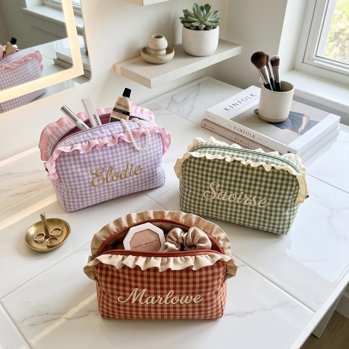 Personalized Custom Name Gingham Makeup Bag, Ruffled Cosmetic Pouch, Bridesmaid Gift TH10 170433