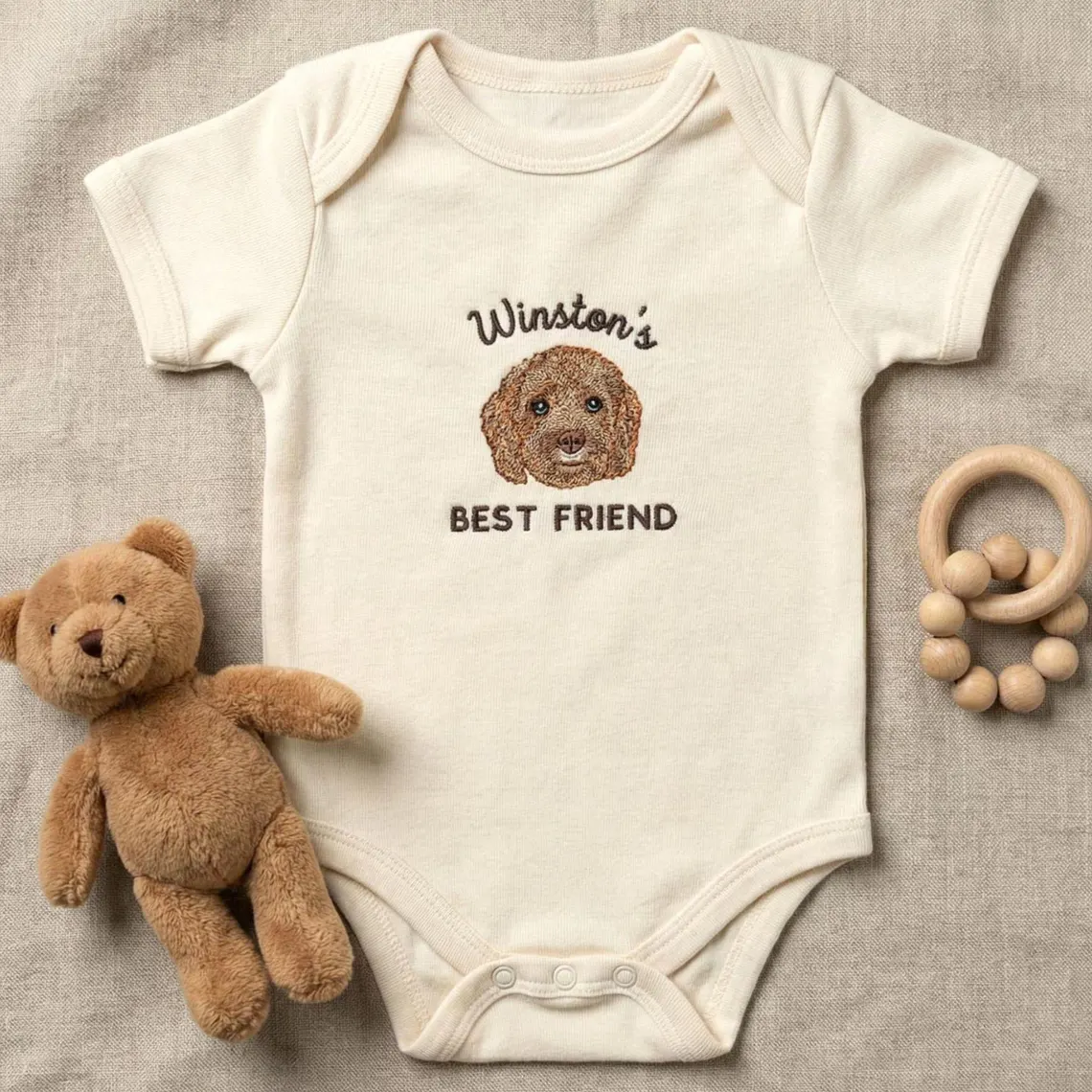 Custom Dog Photo And Baby Name Embroidered Baby Onesie TH10 171343