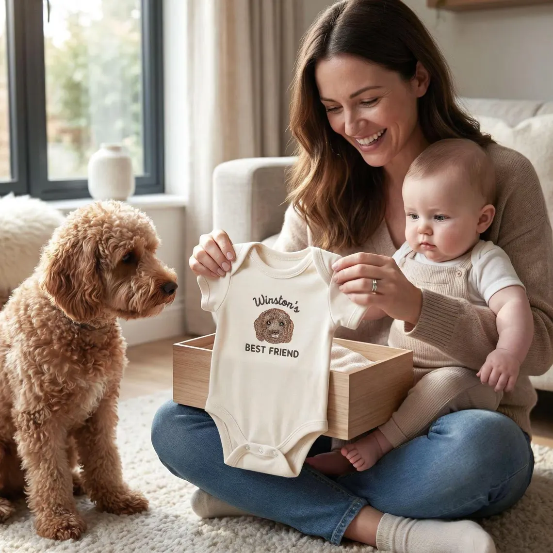 Custom Dog Photo And Baby Name Embroidered Baby Onesie TH10 171343