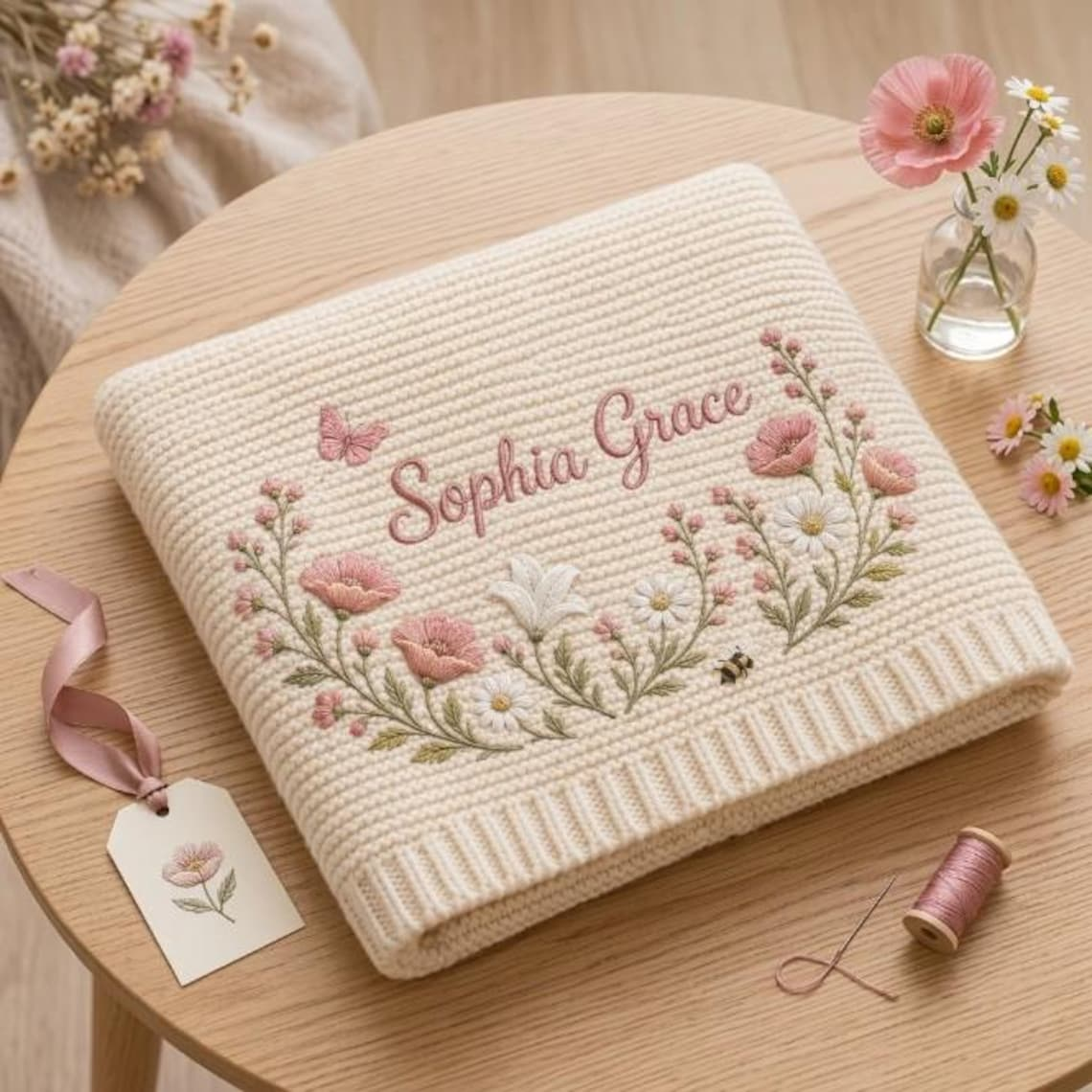 Custom Name Floral Butterfly Baby Embroidered Blanket TH10 171077