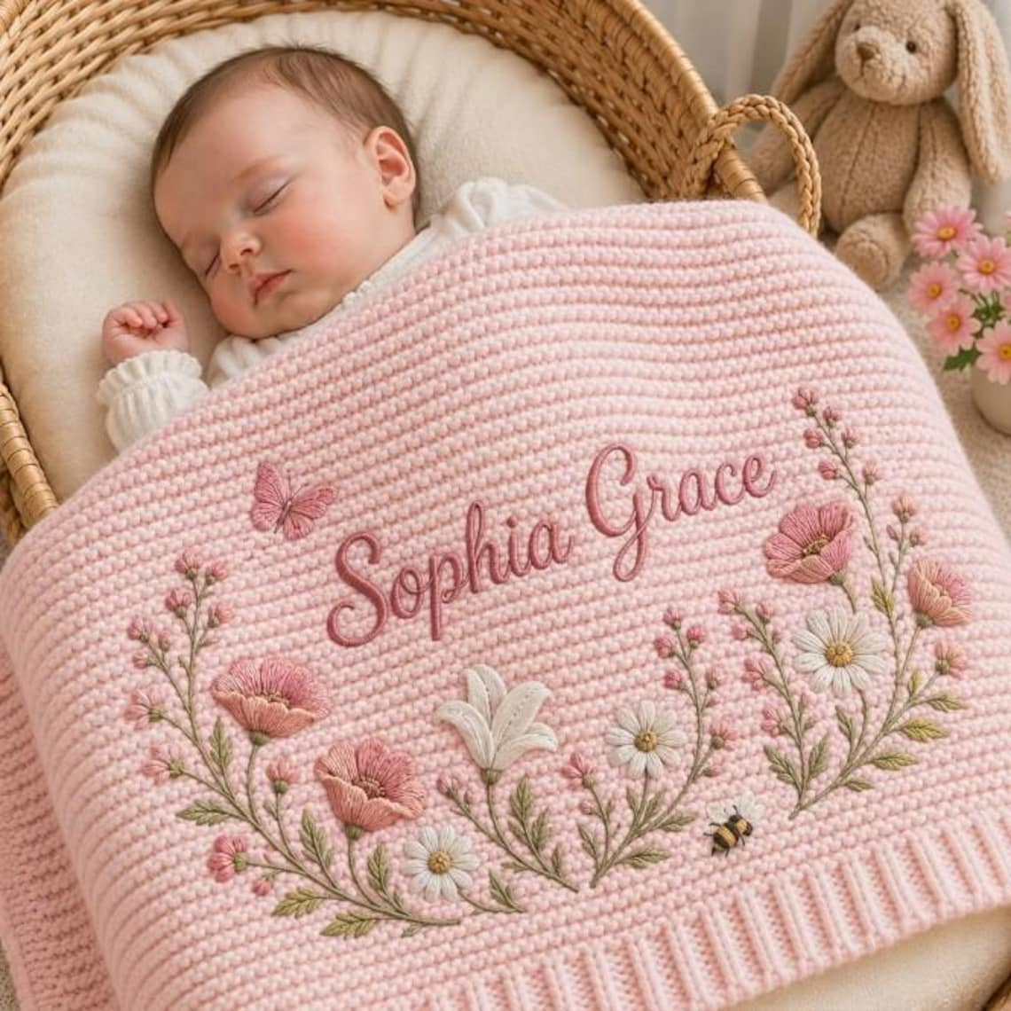 Custom Name Floral Butterfly Baby Embroidered Blanket TH10 171077
