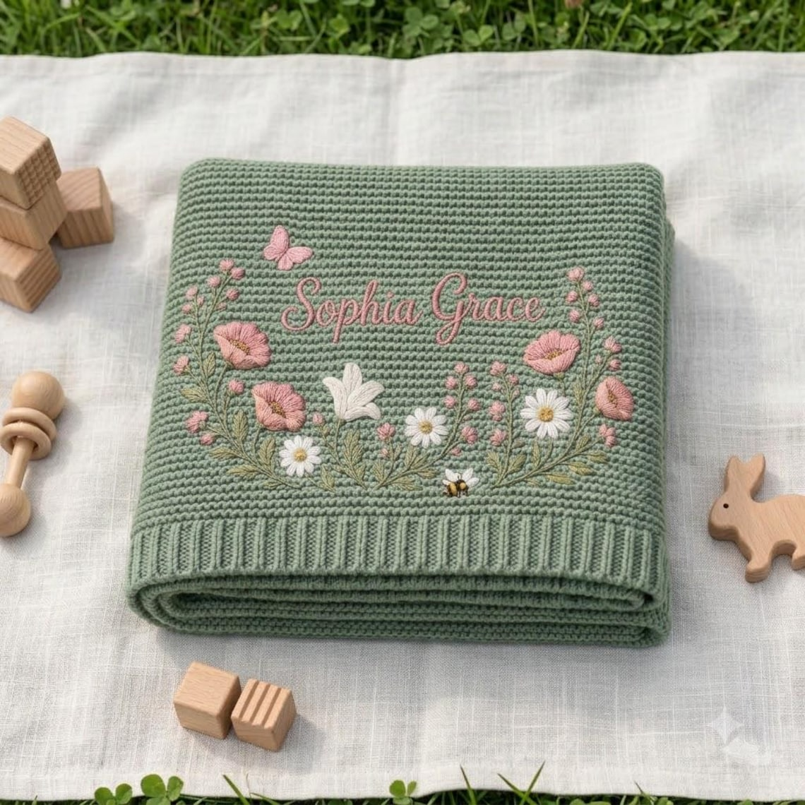 Custom Name Floral Butterfly Baby Embroidered Blanket TH10 171077