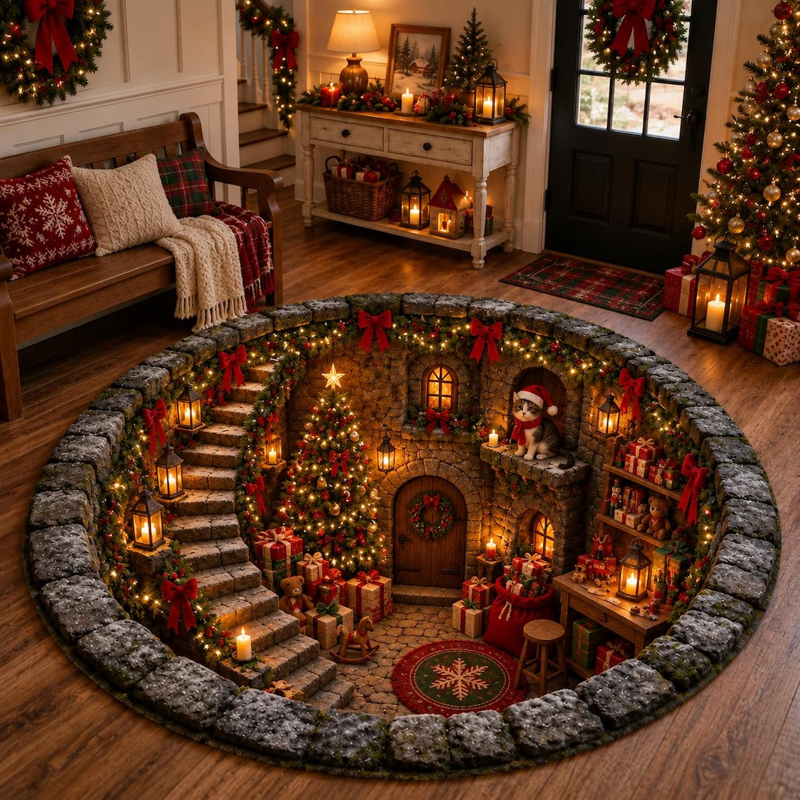 Santa Workshop 3D Illusion Round Rug, Christmas Home Decor TH10 171425