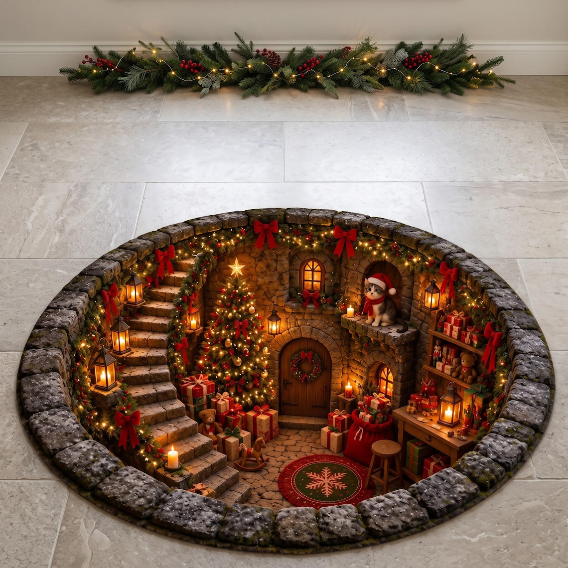 Santa Workshop 3D Illusion Round Rug, Christmas Home Decor TH10 171425