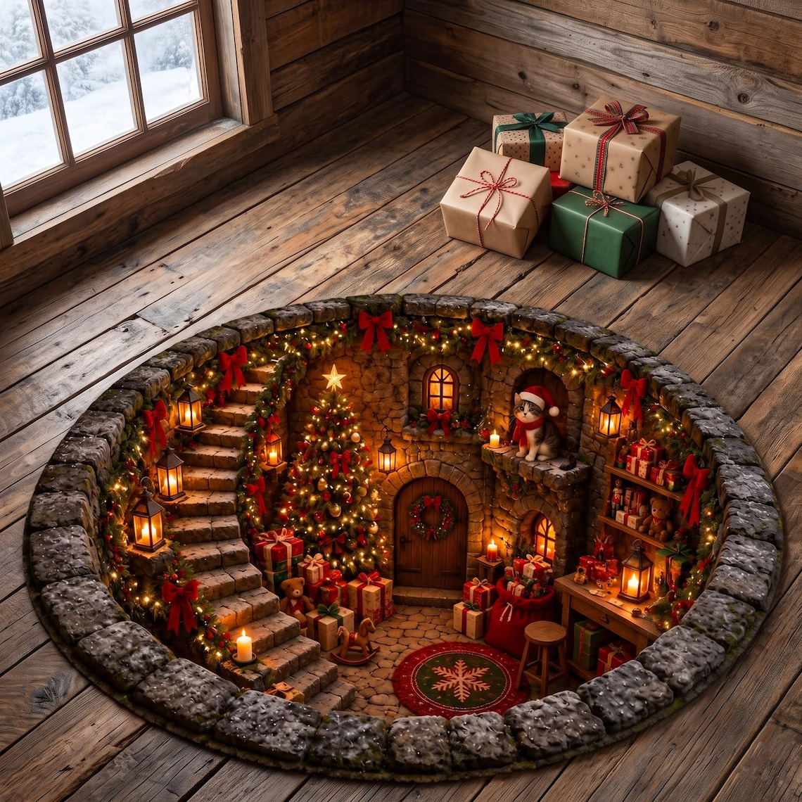Santa Workshop 3D Illusion Round Rug, Christmas Home Decor TH10 171425