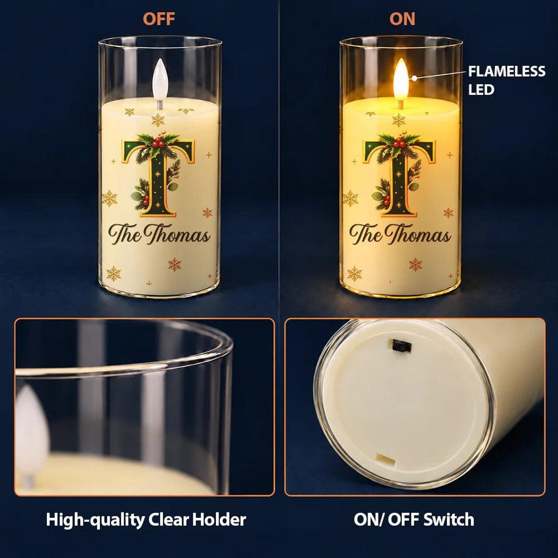 Personalized Christmas LED Candle, Custom Family Name & Botanical Initial TH10 171663