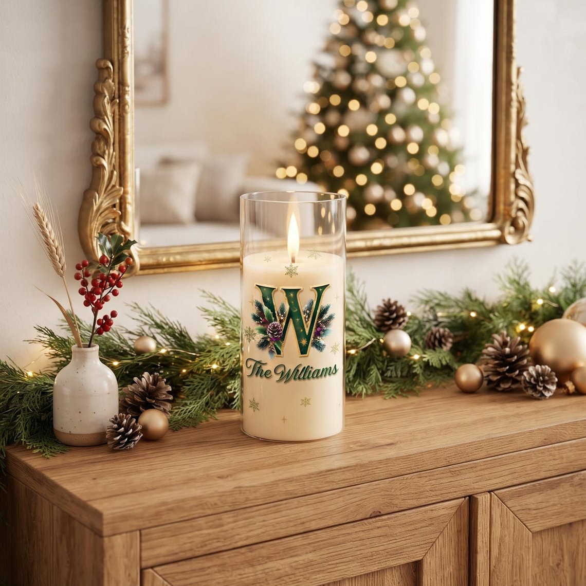 Personalized Christmas LED Candle, Custom Family Name & Botanical Initial TH10 171663
