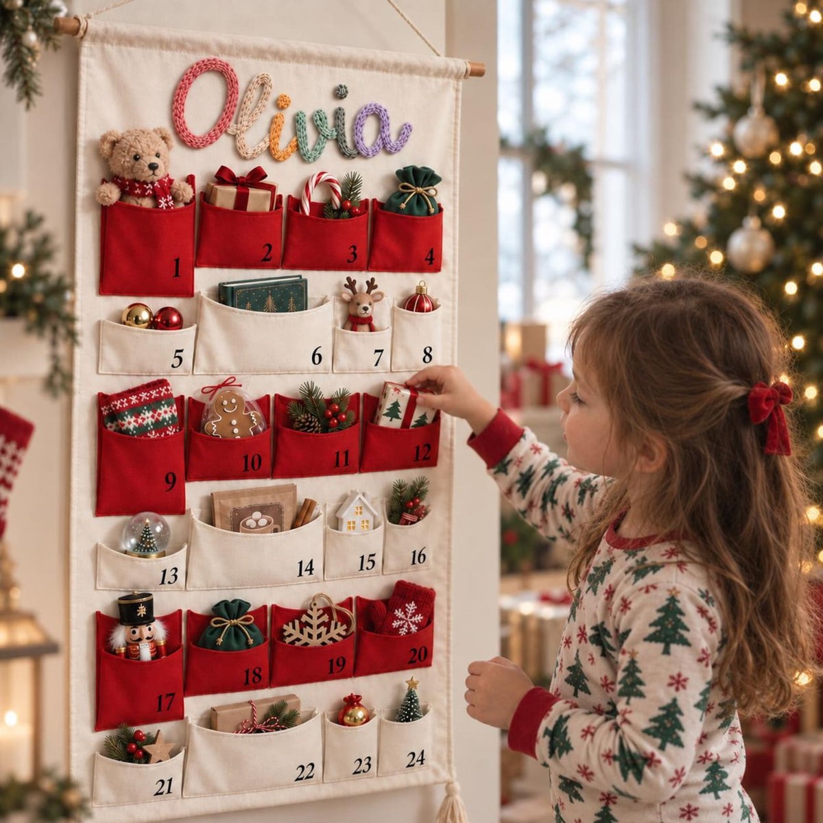 Personalized Name Reusable Christmas Advent Calendar, 24-Pocket Wall Hanging HA75 919518