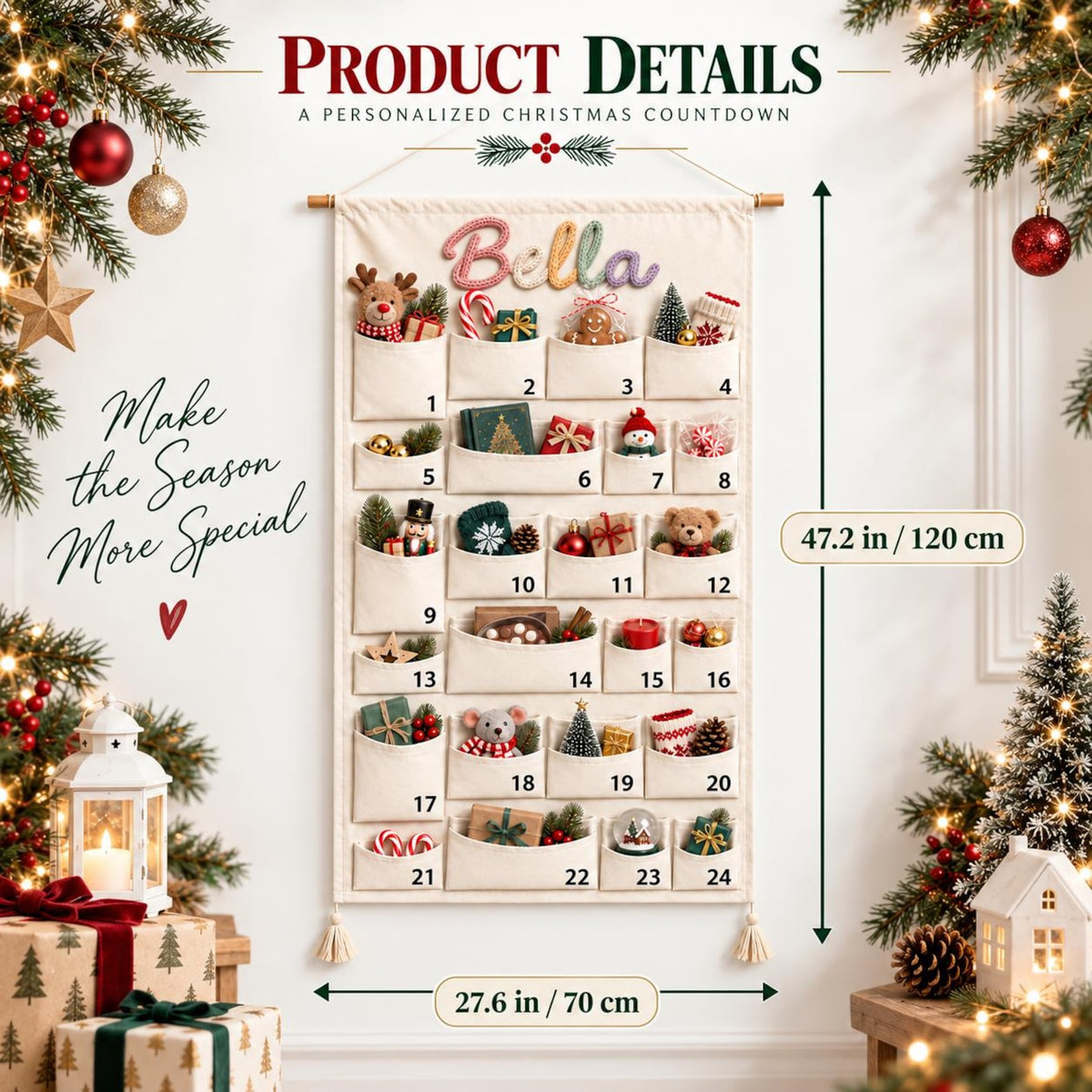 Personalized Name Reusable Christmas Advent Calendar, 24-Pocket Wall Hanging HA75 919518