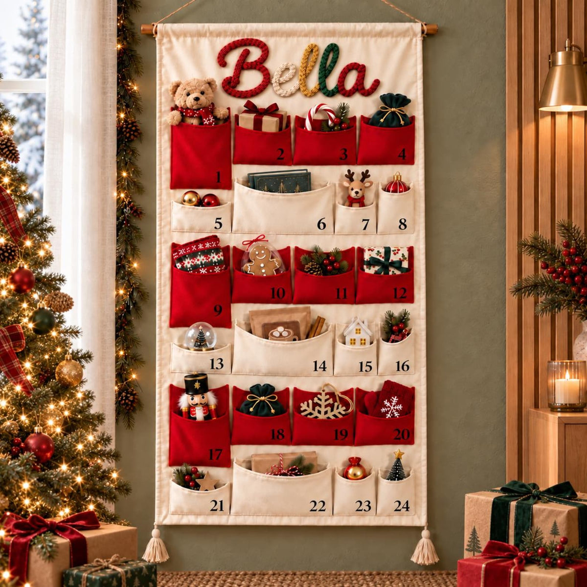 Personalized Name Reusable Christmas Advent Calendar, 24-Pocket Wall Hanging HA75 919518