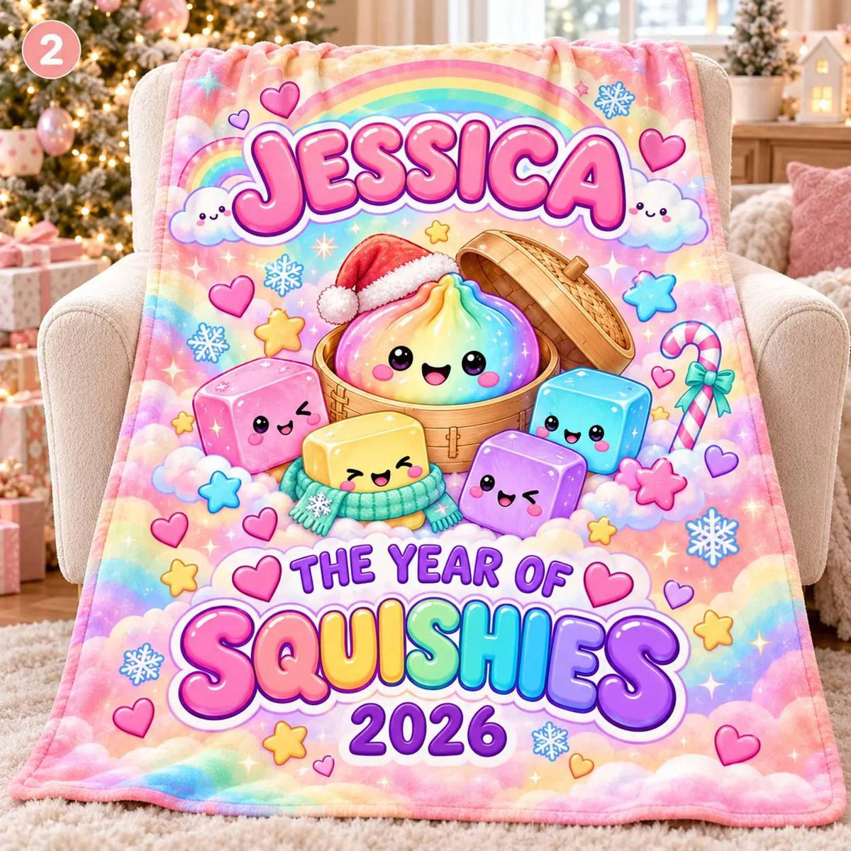 Custom Name Pastel Dumpling Christmas Blanket for Kids, The Year of Squishies 2026 HO82 904262