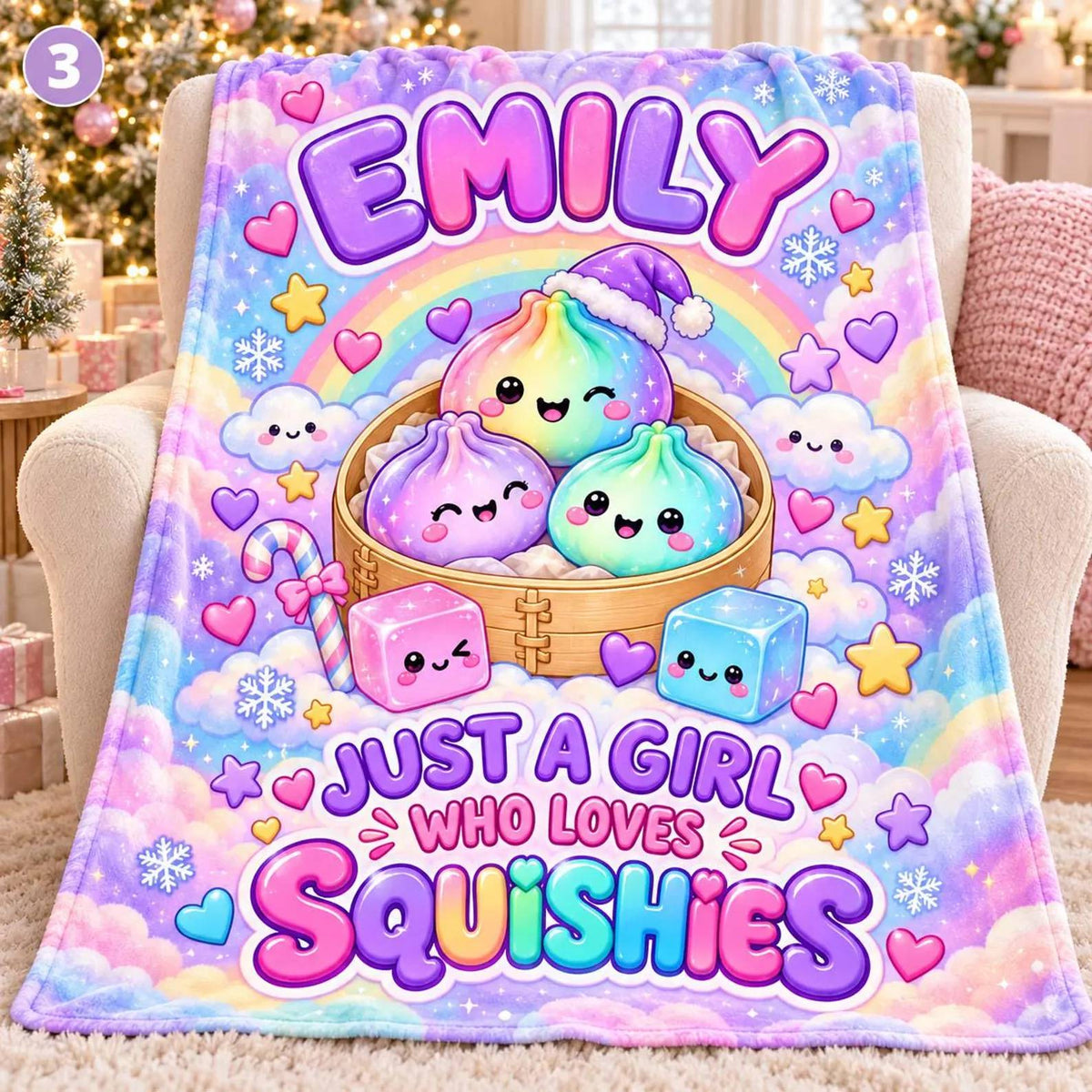 Custom Name Pastel Dumpling Christmas Blanket for Kids, The Year of Squishies 2026 HO82 904262