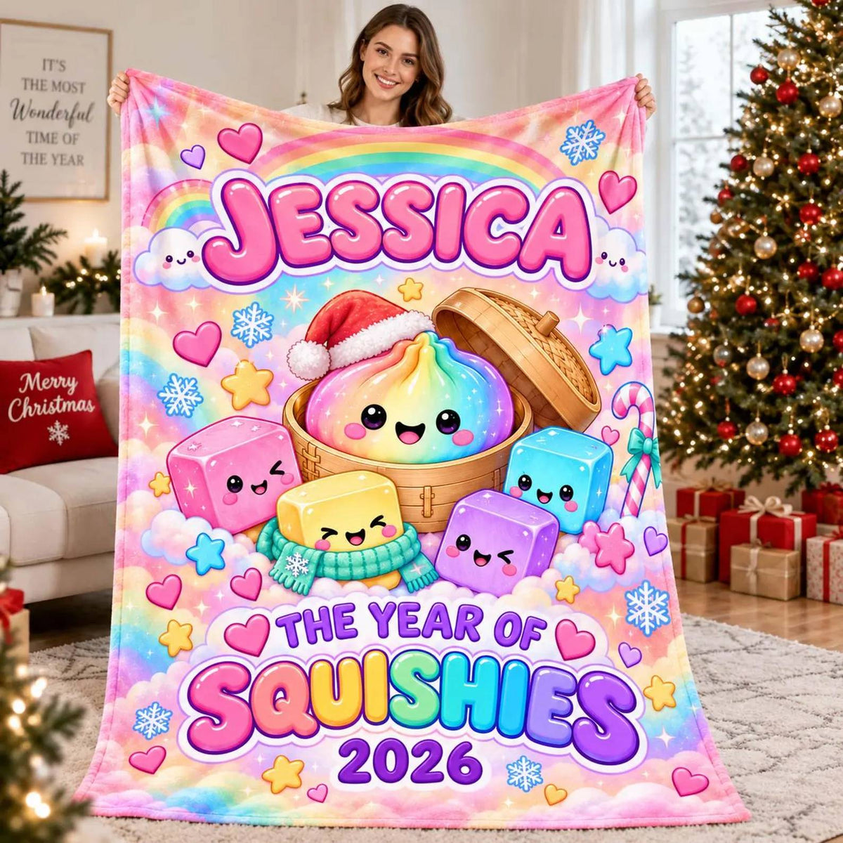 Custom Name Pastel Dumpling Christmas Blanket for Kids, The Year of Squishies 2026 HO82 904262