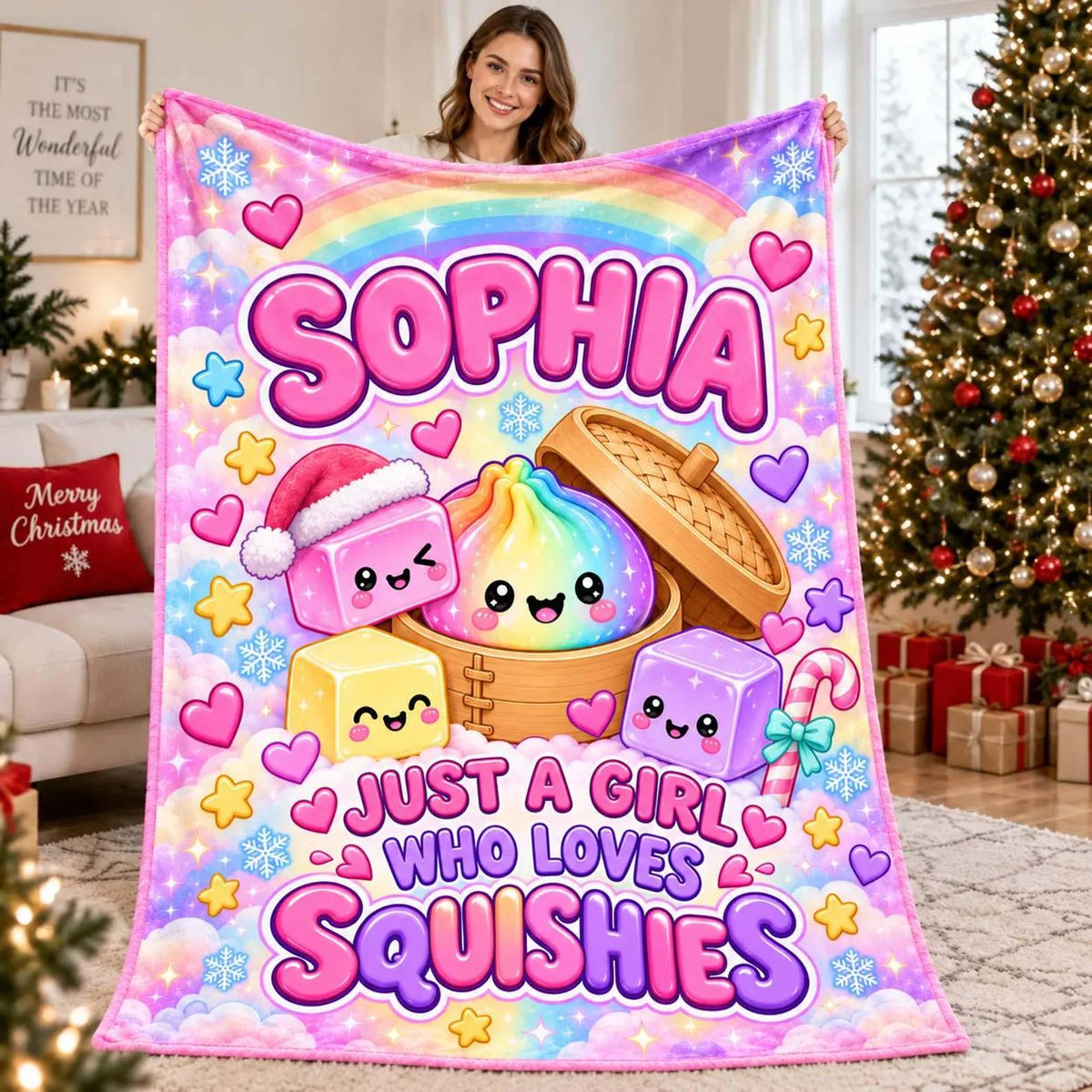 Custom Name Pastel Dumpling Christmas Blanket for Kids, The Year of Squishies 2026 HO82 904262