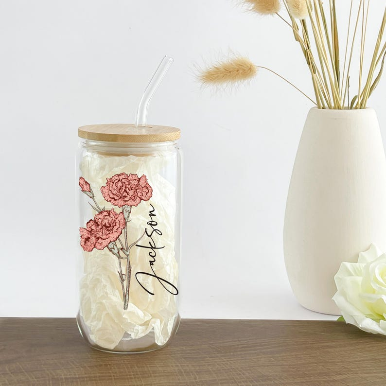 Personalized Birth Flower With Name Glass Can With Lid TH10 896879