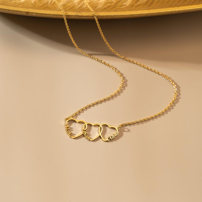 Family Name Necklace with Heart, Multiple Hearts Necklace, Kids Names Jewelry for Mom TH10 169157