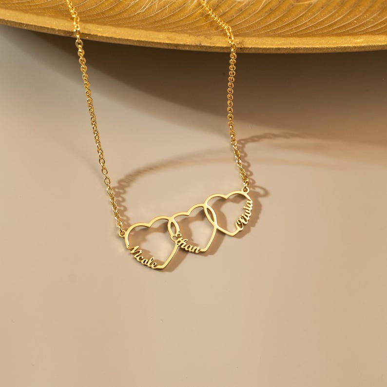 Family Name Necklace with Heart, Multiple Hearts Necklace, Kids Names Jewelry for Mom TH10 169157