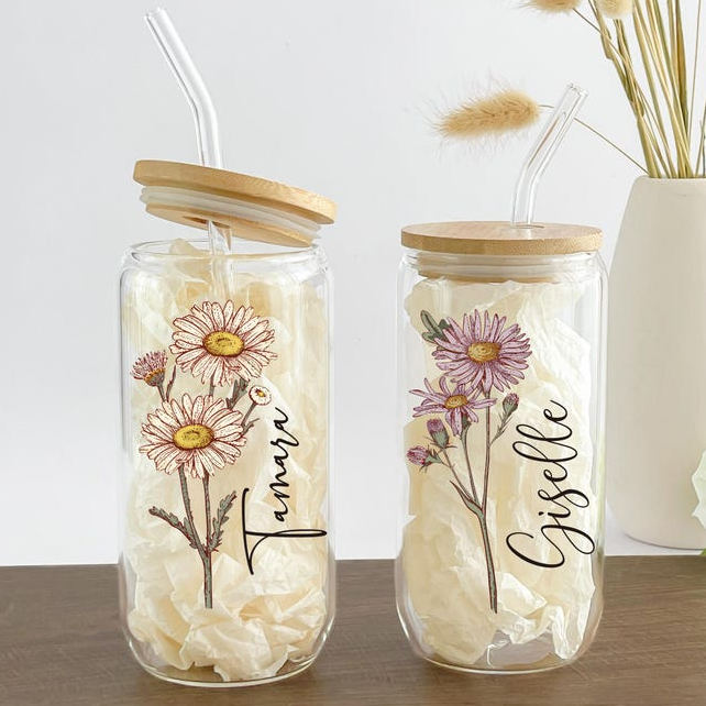 Personalized Birth Flower With Name Glass Can With Lid TH10 896879