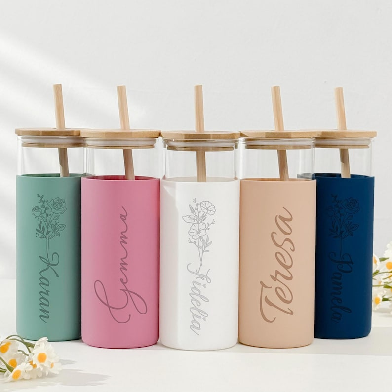 Personalized Birth Flower Name Glass Can With Lid Silicone Sleeve TH10 896881