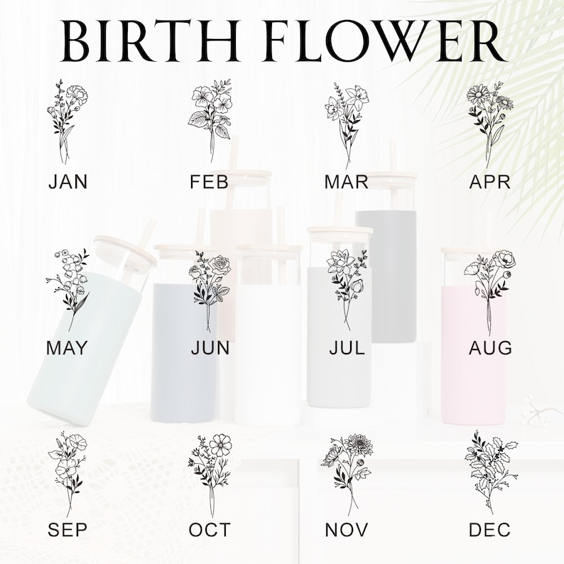 Personalized Birth Flower Name Glass Can With Lid Silicone Sleeve TH10 896881