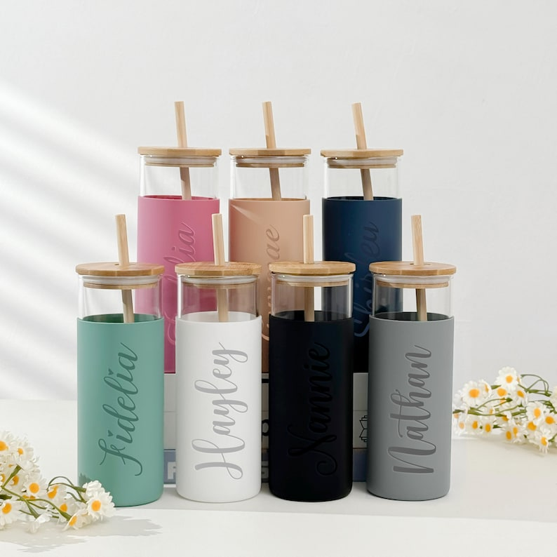 Personalized Birth Flower Name Glass Can With Lid Silicone Sleeve TH10 896881