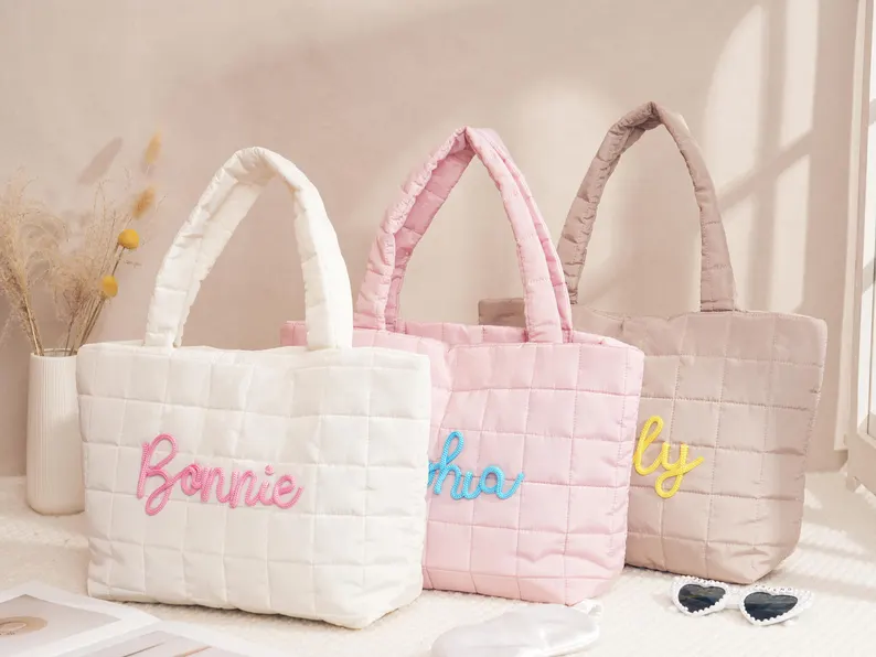 Monogrammed Shoulder Bag for Women's, Gift for Her, Beach Bag Embroidered Quilted Nylon Tote Bag TH10 169615