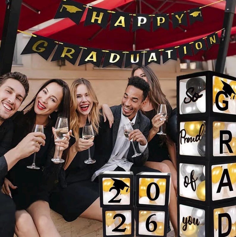 2026 Graduation Party Decoration Black Balloon Boxes with Letters 2026 Grad & So Proud of You and 20 Balloons TH10 898637