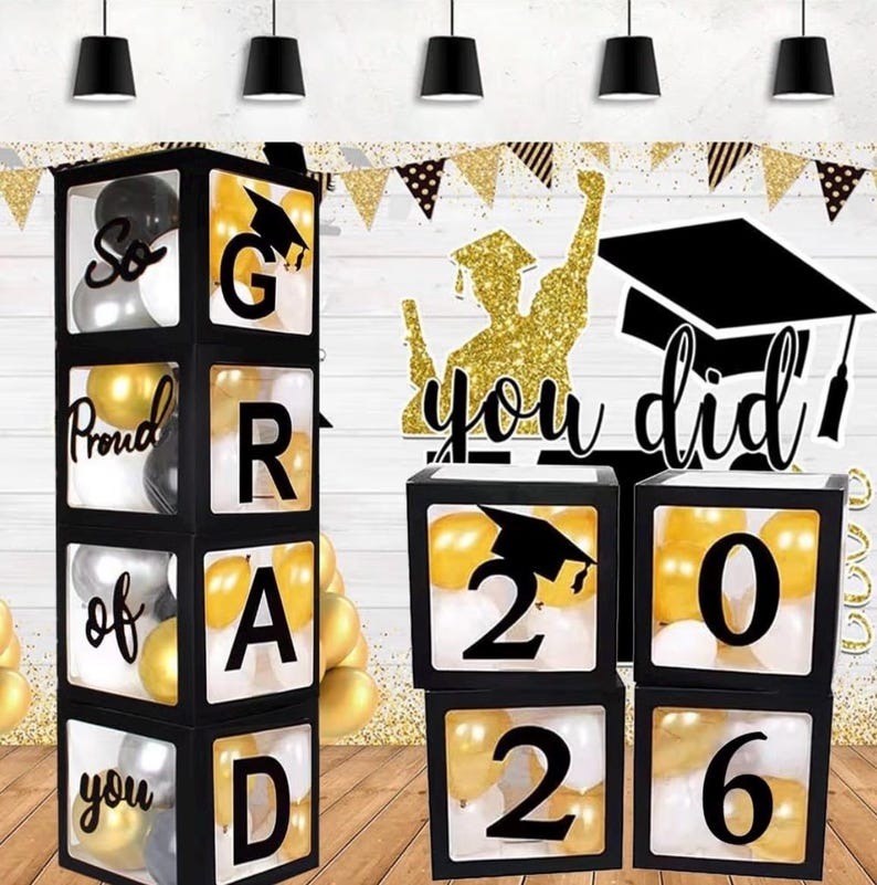2026 Graduation Party Decoration Black Balloon Boxes with Letters 2026 Grad & So Proud of You and 20 Balloons TH10 898637
