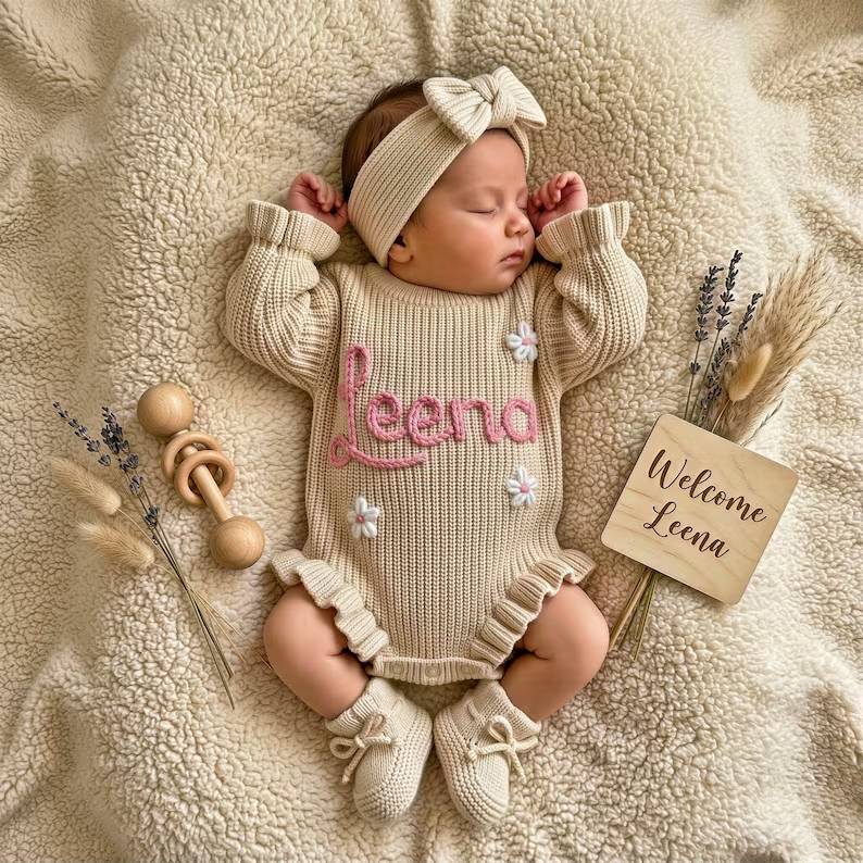 Personalized Baby Romper Set, Baby Girl Romper, Hand Embroidered Newborn Gift HO82 903820