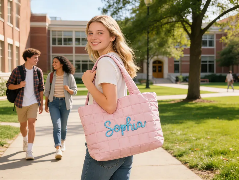 Monogrammed Shoulder Bag for Women's, Gift for Her, Beach Bag Embroidered Quilted Nylon Tote Bag TH10 169615