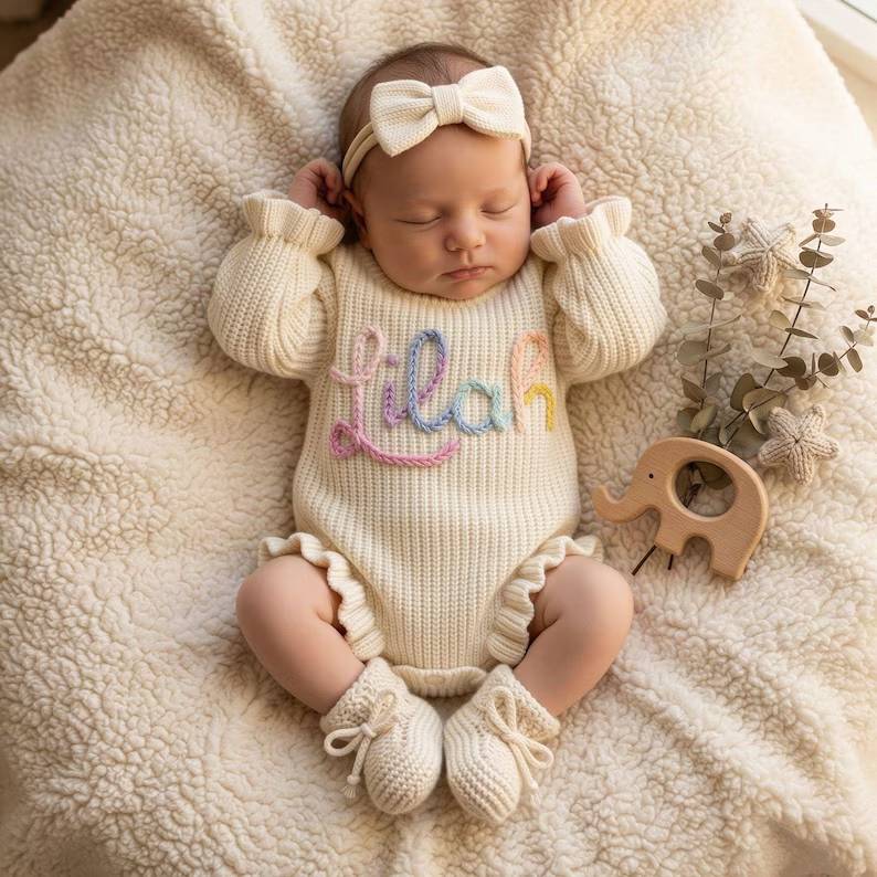 Personalized Baby Romper Set, Baby Girl Romper, Hand Embroidered Newborn Gift HO82 903820