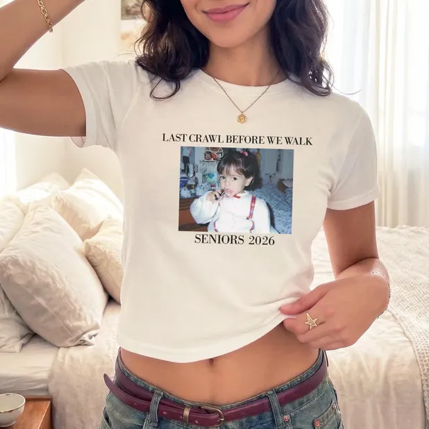Senior 2026 Bar Crawl Baby Tee, Last Crawl Before Walk Tee, Y2K Graduation Custom Photo TH10 169689