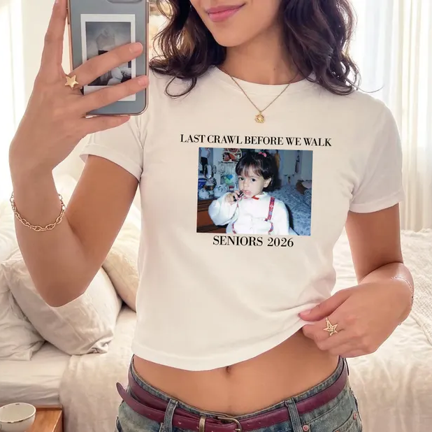 Senior 2026 Bar Crawl Baby Tee, Last Crawl Before Walk Tee, Y2K Graduation Custom Photo TH10 169689