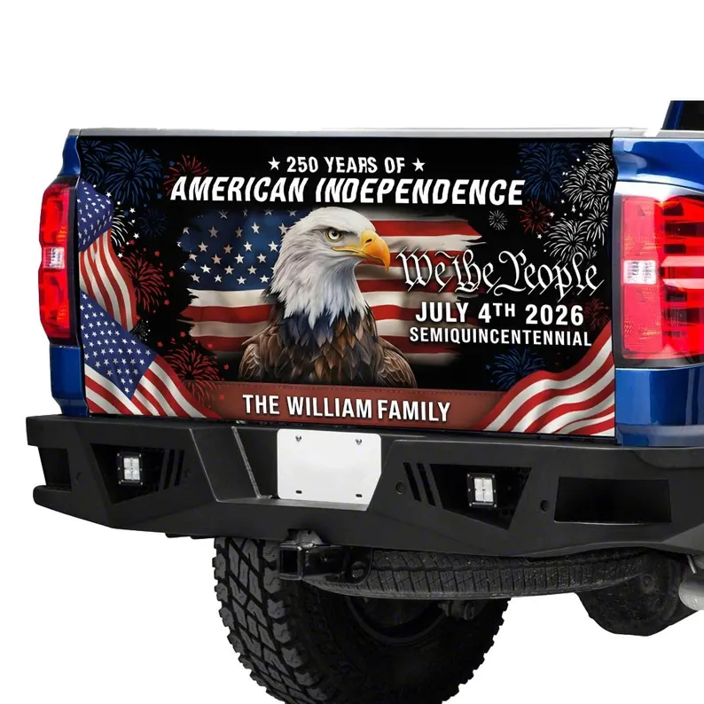 Custom 250th Anniversary Eagle American Flag Tailgate Wrap, Usa Flag Vinyl Truck Decal 4th of July, Personalized Family Name TH10 169787