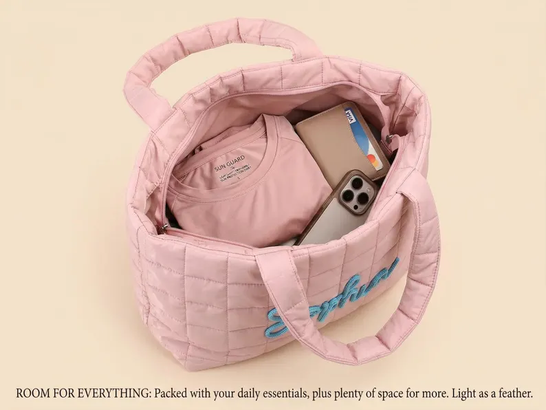 Monogrammed Shoulder Bag for Women's, Gift for Her, Beach Bag Embroidered Quilted Nylon Tote Bag TH10 169615