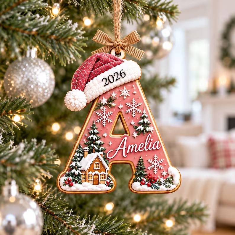 Personalized Initial Letter with Santa Hat Wood Ornament HO82 904272