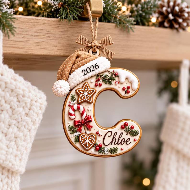 Personalized Initial Letter with Santa Hat Wood Ornament HO82 904272