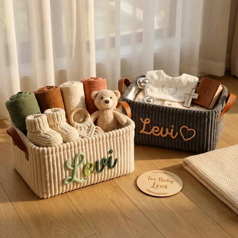 Personalized Embroidery Baby Storage Basket – Baby Shower Gift Knitted Wire Art HO82 903014