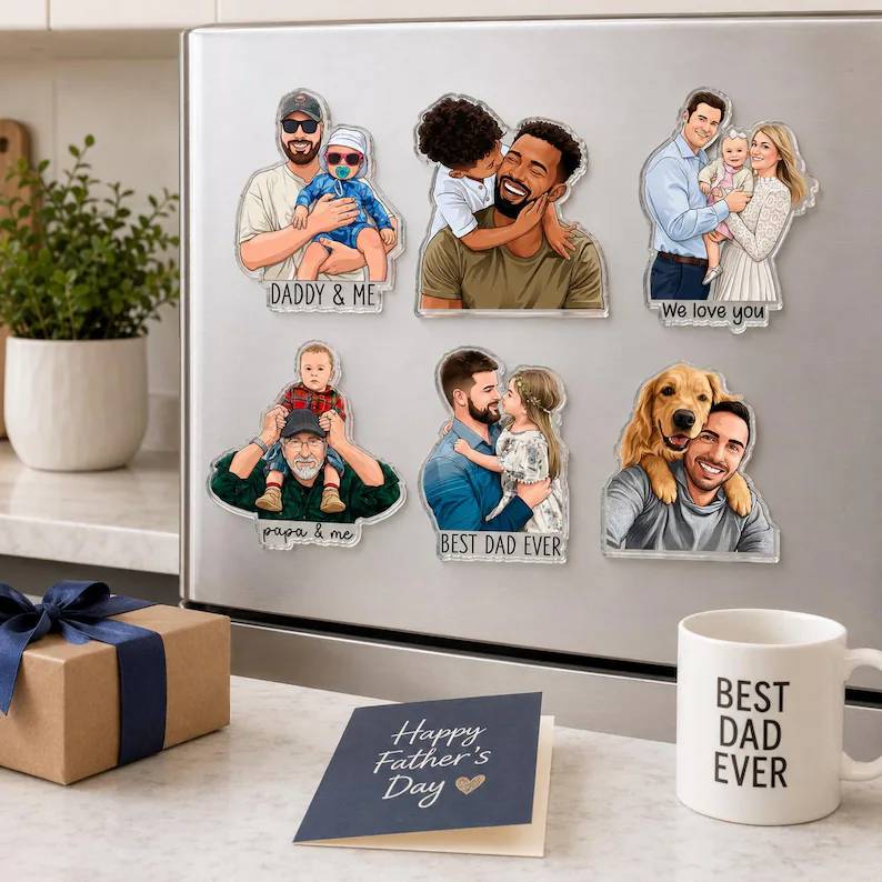 Personalized Portrait From Photo Dad And Kids Acrylic Fridge Magnet For Father's Day HO82 902572