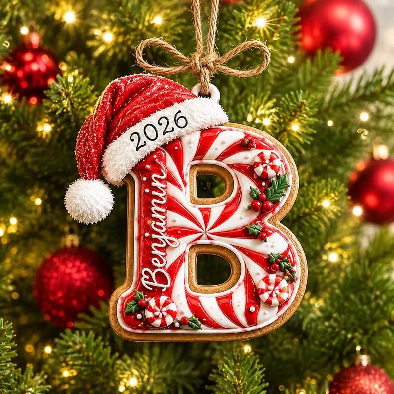 Personalized Peppermint Christmas Letter with Santa Hat Wood Ornament HO82 904276