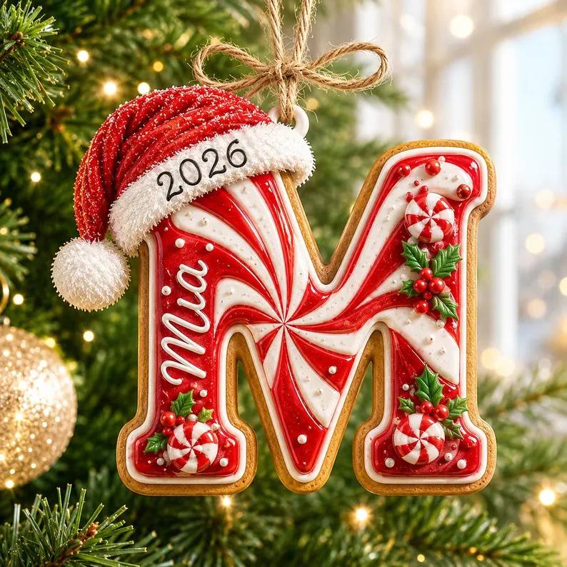 Personalized Peppermint Christmas Letter with Santa Hat Wood Ornament HO82 904276