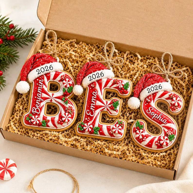 Personalized Peppermint Christmas Letter with Santa Hat Wood Ornament HO82 904276