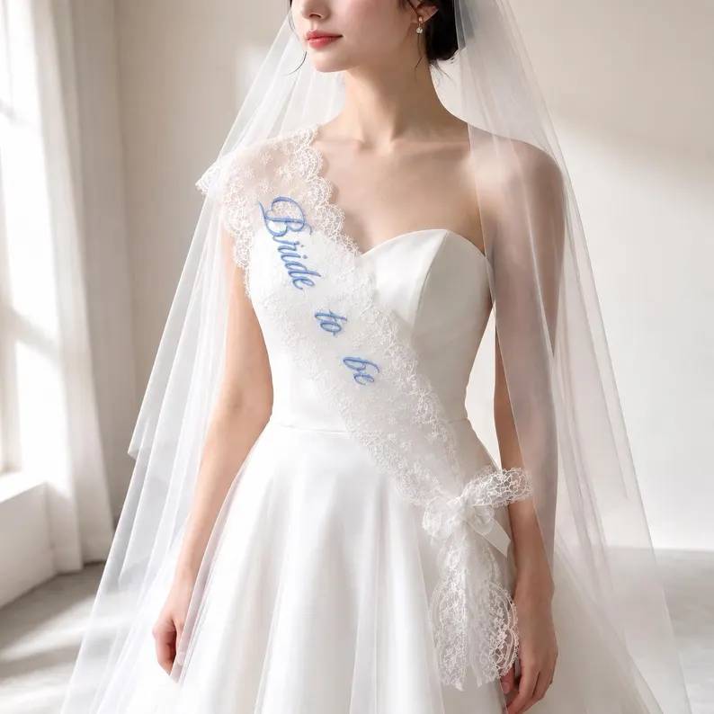 Personalized Text Bride to Be Embroidered Lace Sash - Elegant Wedding & Bachelorette Party Shoulder Sash HO82 904106