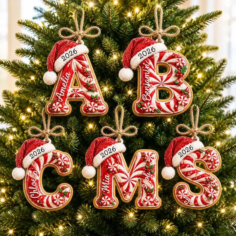 Personalized Peppermint Christmas Letter with Santa Hat Wood Ornament HO82 904276