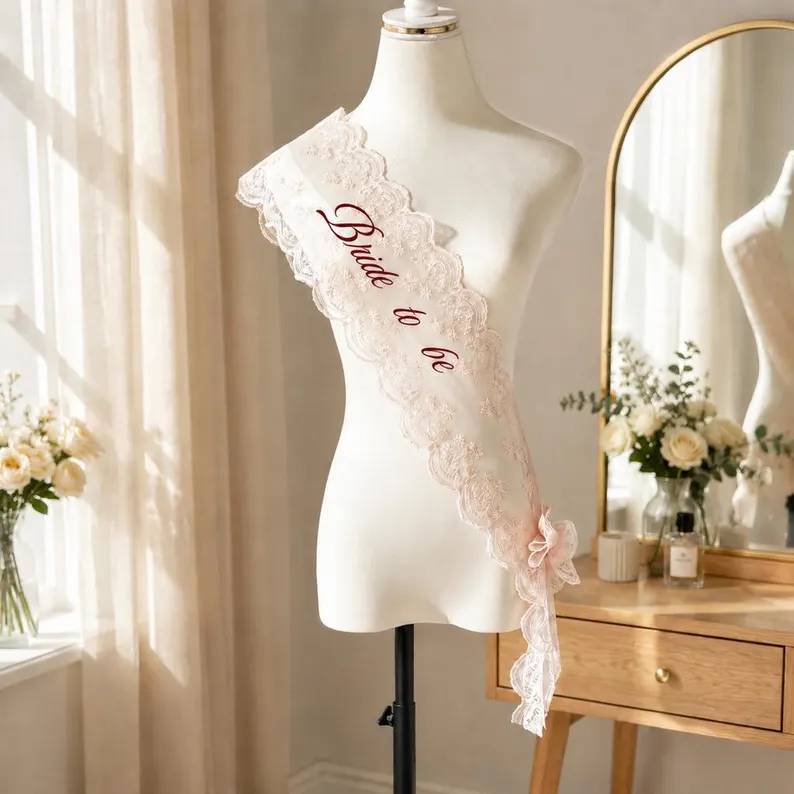 Personalized Text Bride to Be Embroidered Lace Sash - Elegant Wedding & Bachelorette Party Shoulder Sash HO82 904106